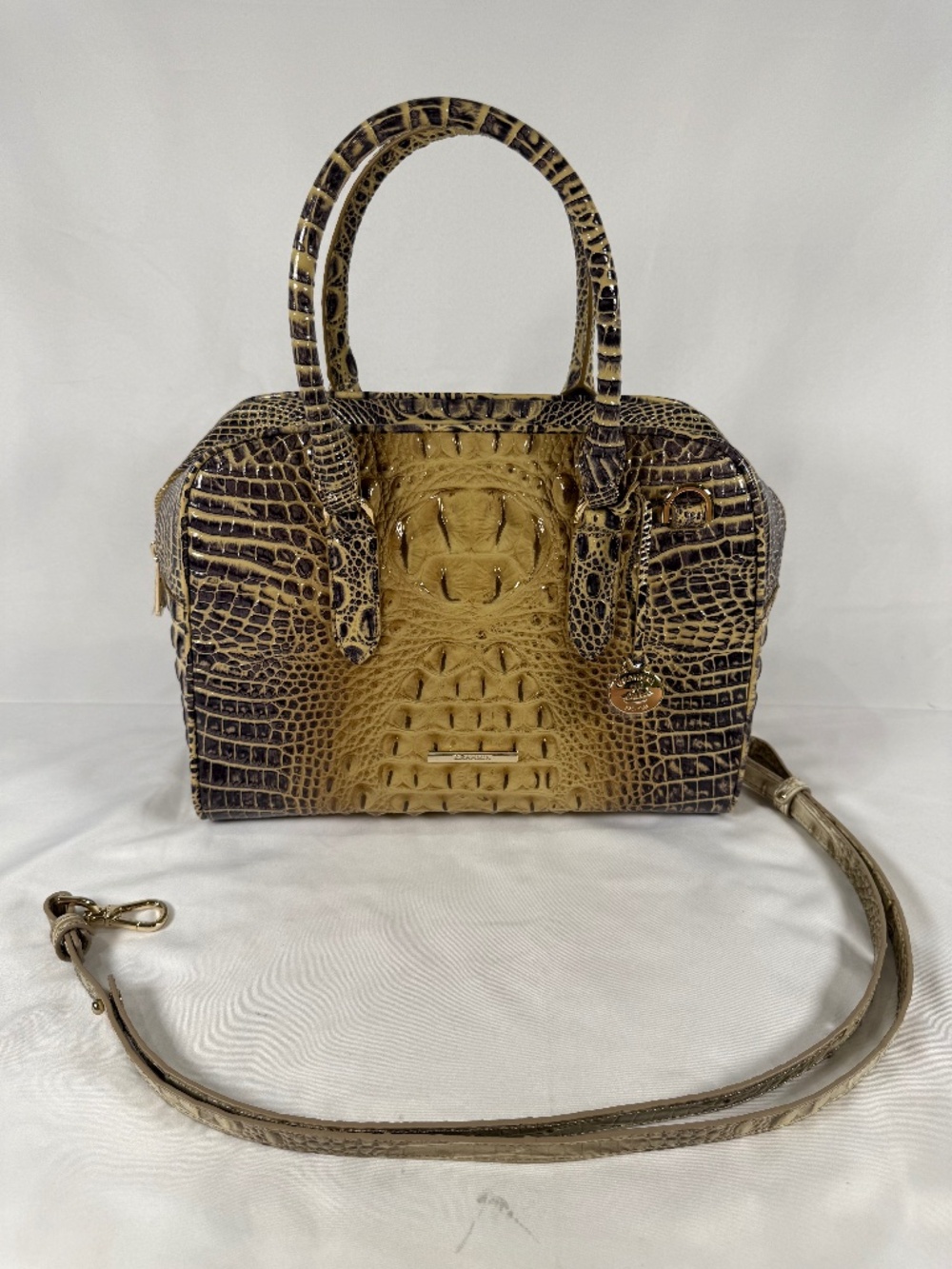 Brahmin Croc Embossed Leather Satchel Shoulder Bag Tan Brown Two Tone